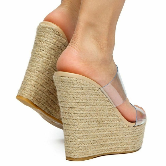 SZ 10 Clear Nude Open Toe Espadrille Wedge Sandals - Picture 5 of 8